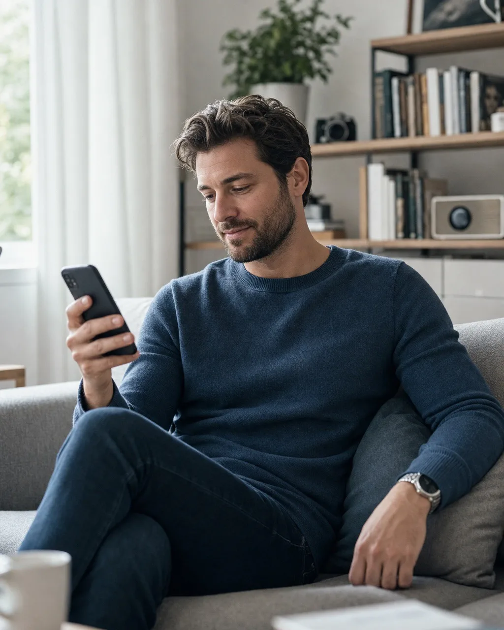 A relaxed person on a sofa at home, trying a new app on their iPhone.