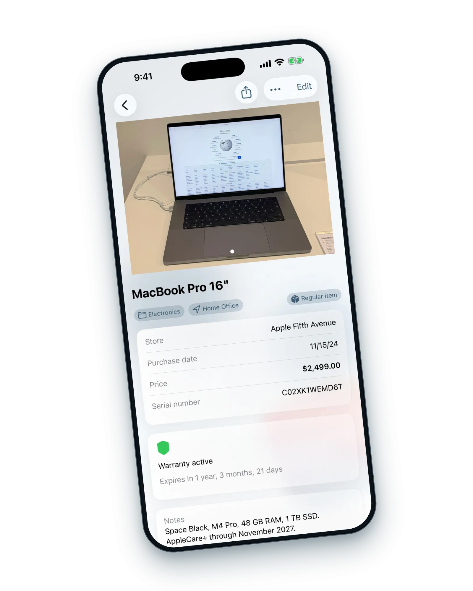 A tilted iPhone showing an item in iTems, with store, purchase date, price, serial number and an active warranty.