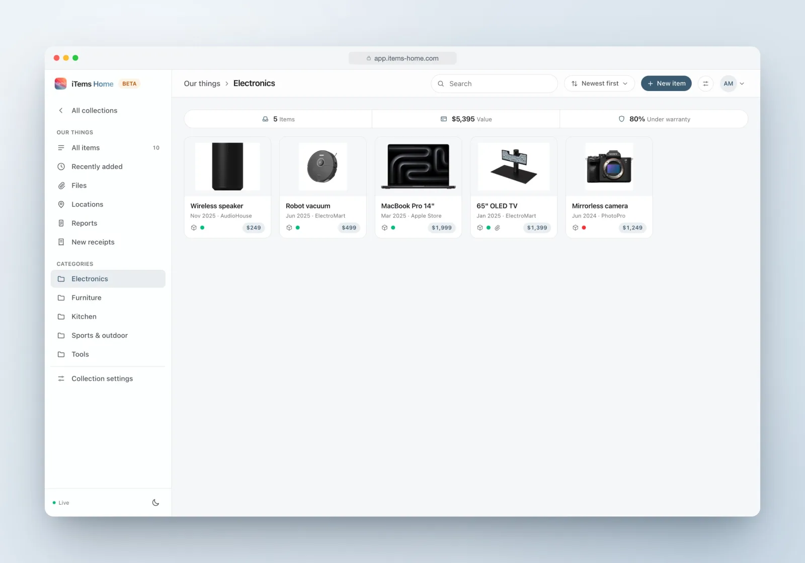 An iTems collection filtered to one category, with categories and locations in the sidebar.