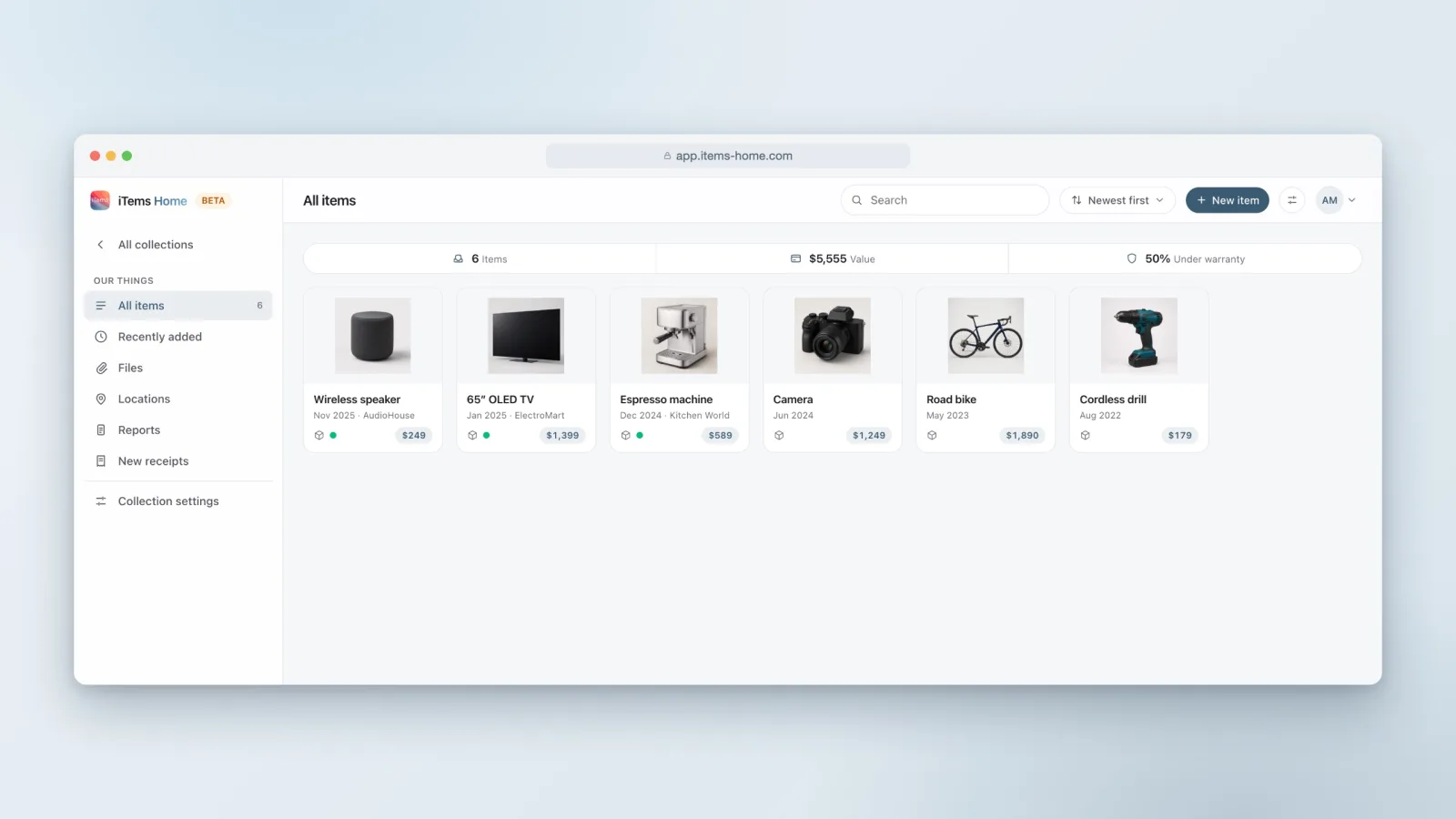 The iTems web app showing an assets collection with items, values and warranty status.