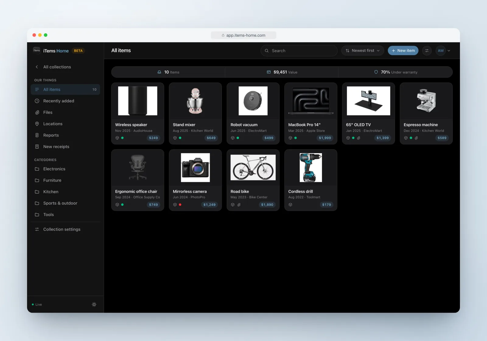 The iTems web app in dark mode, showing an assets collection with product photos and values.