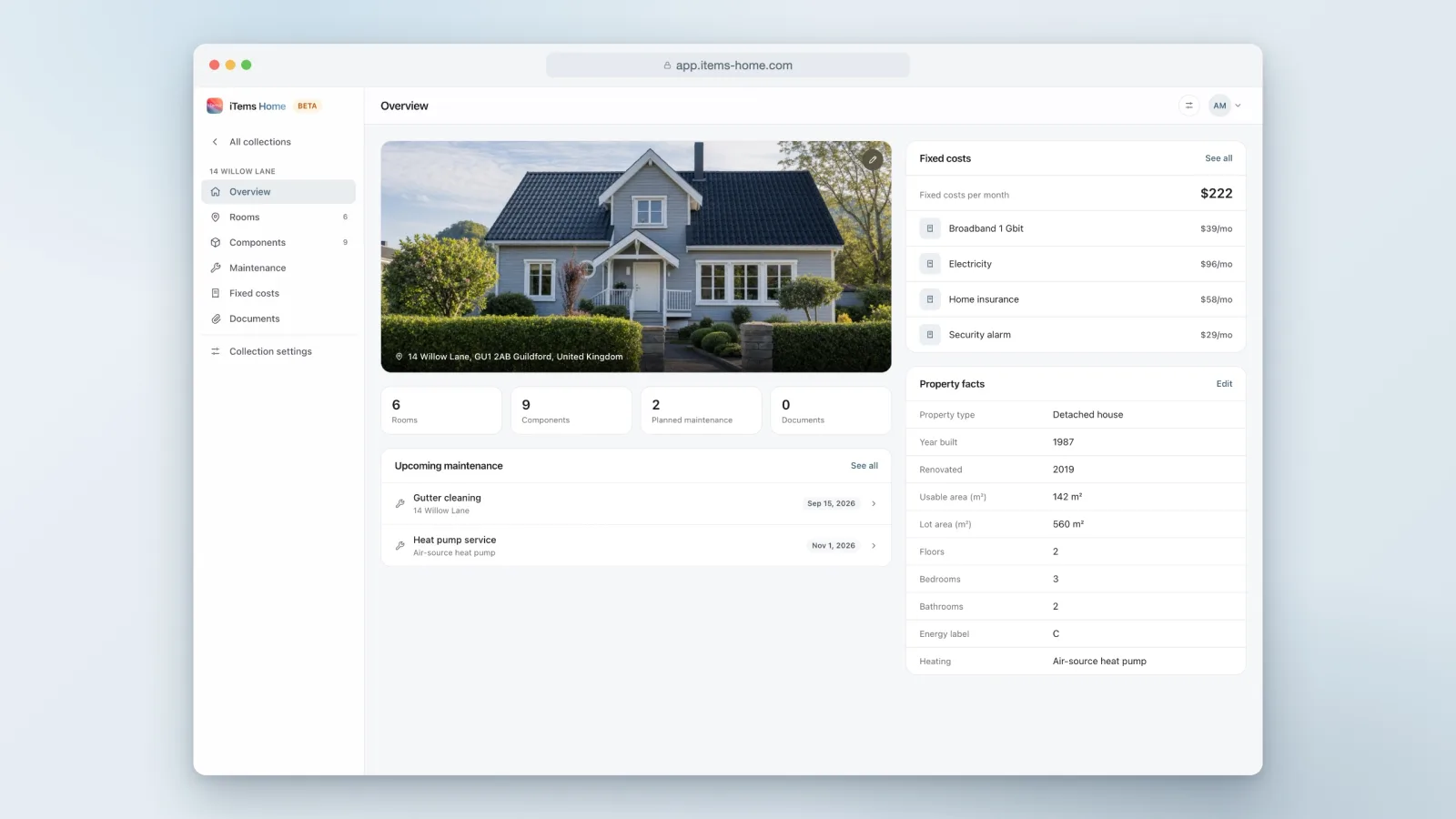 The iTems web app showing a property collection overview: facade photo, rooms, components, fixed costs and property facts.