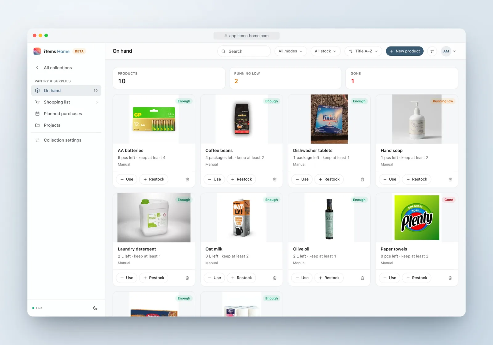 A consumables collection in iTems: live stock levels with Enough, Running low and Gone status, and Use and Restock actions.