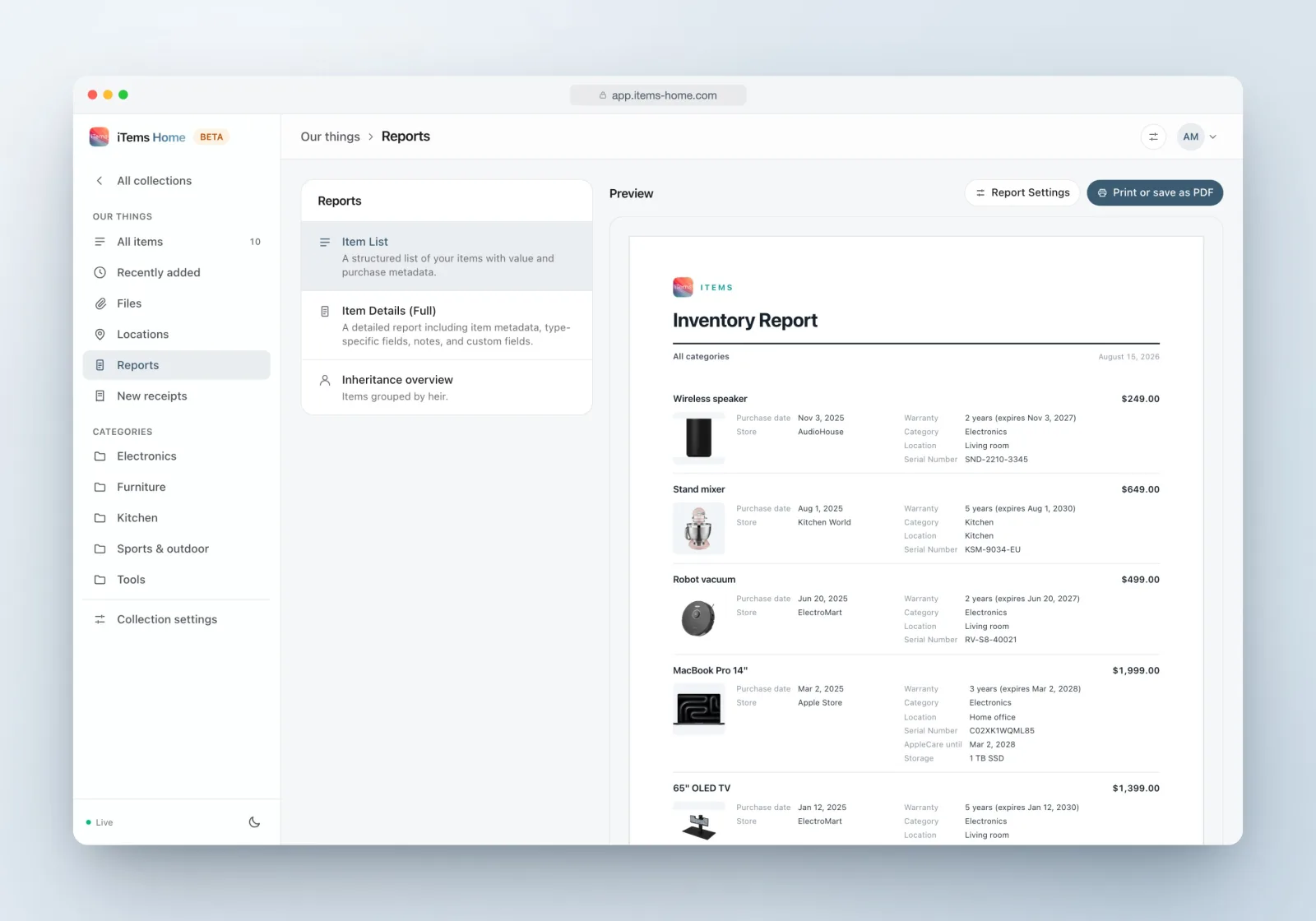 The report builder in iTems with a live preview of an inventory report: items with photos, values, warranty status and serial numbers.