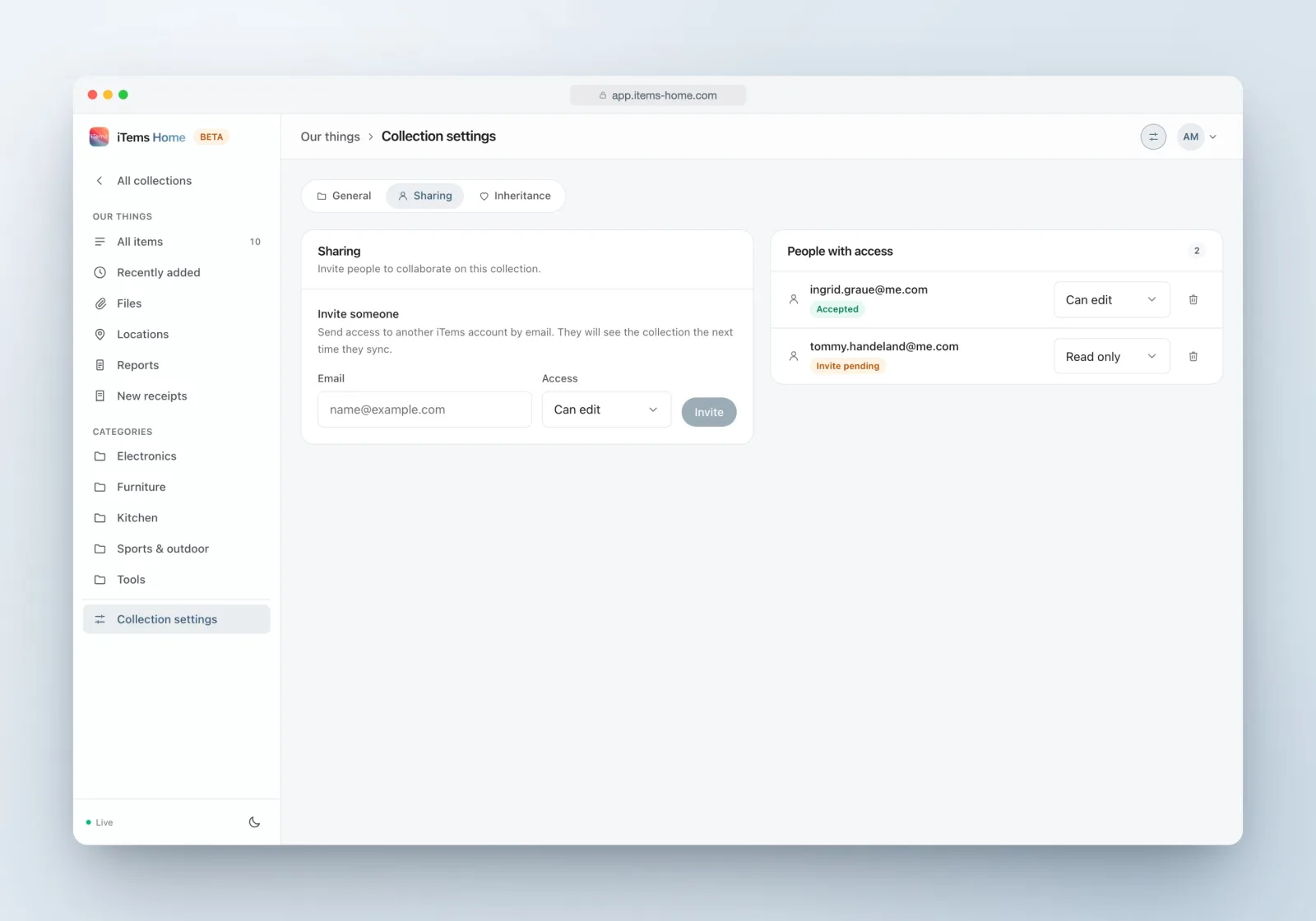 Collection sharing in iTems: invite by email with read-only or edit access, and a list of people with access.