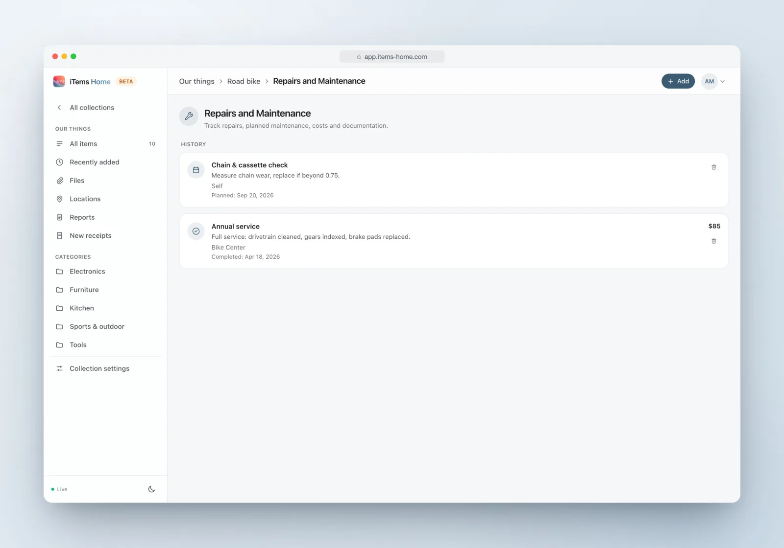 The repairs and maintenance log on an item in iTems: planned work with a reminder, and completed service with cost.