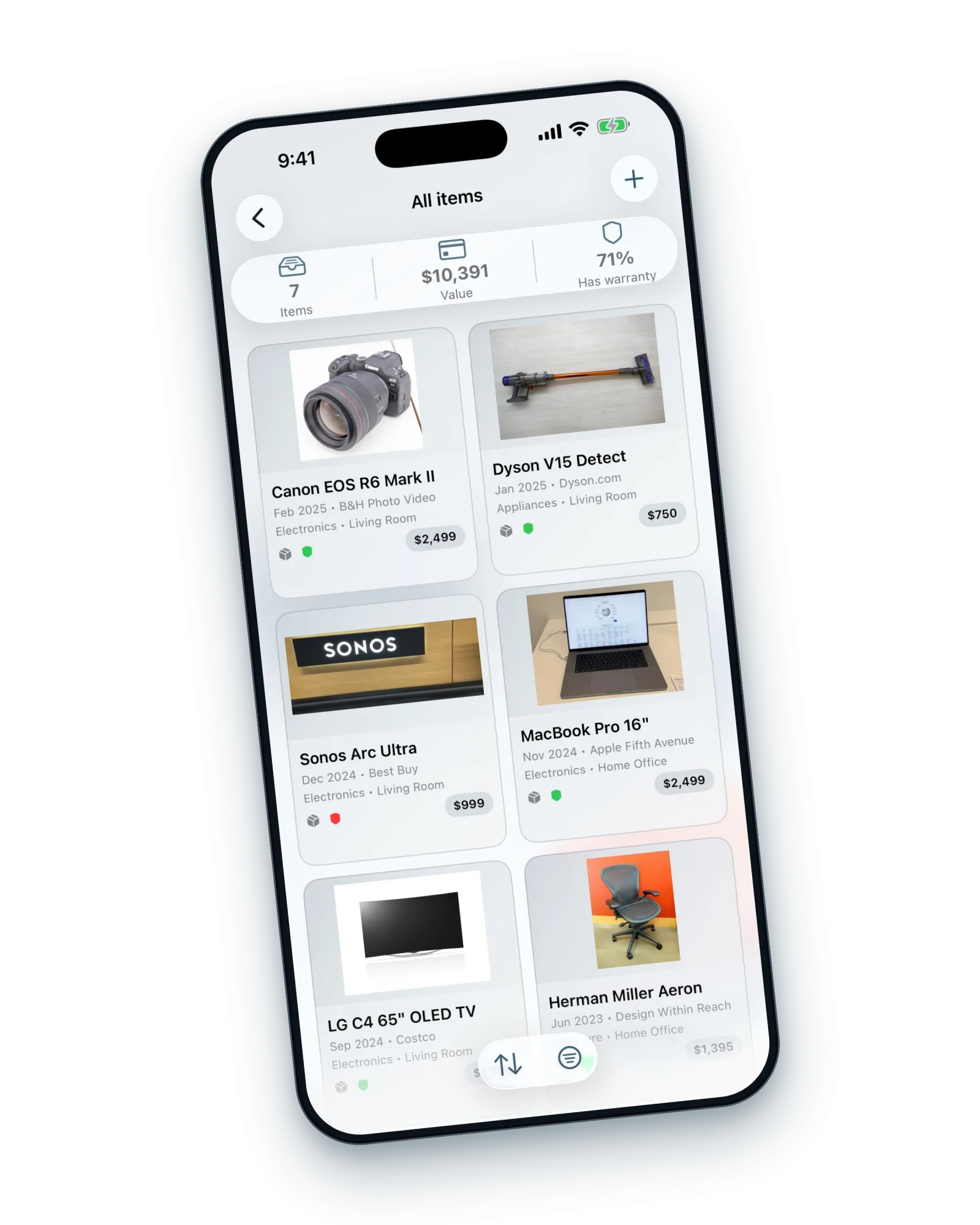 A tilted iPhone showing the iTems item list — belongings with photos, purchase details and warranty status.