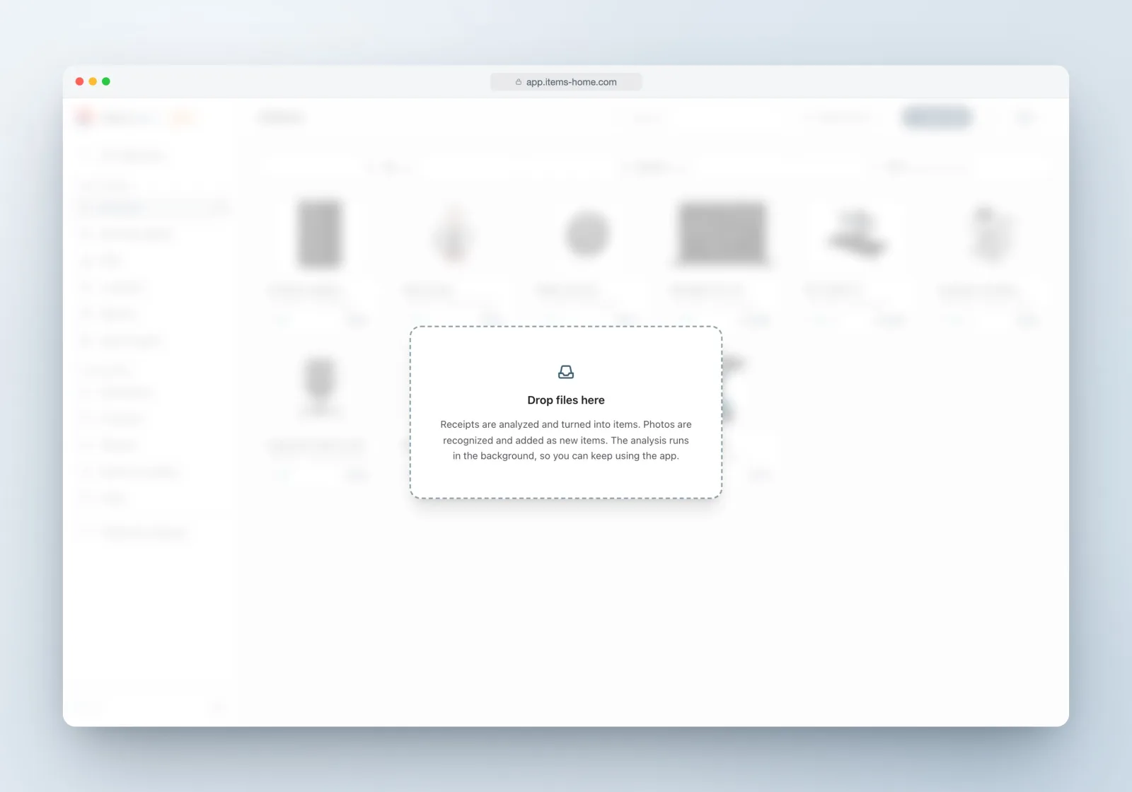 The drop zone in iTems: “Drop files here — receipts are analyzed and turned into items, photos are recognized and added as new items.”