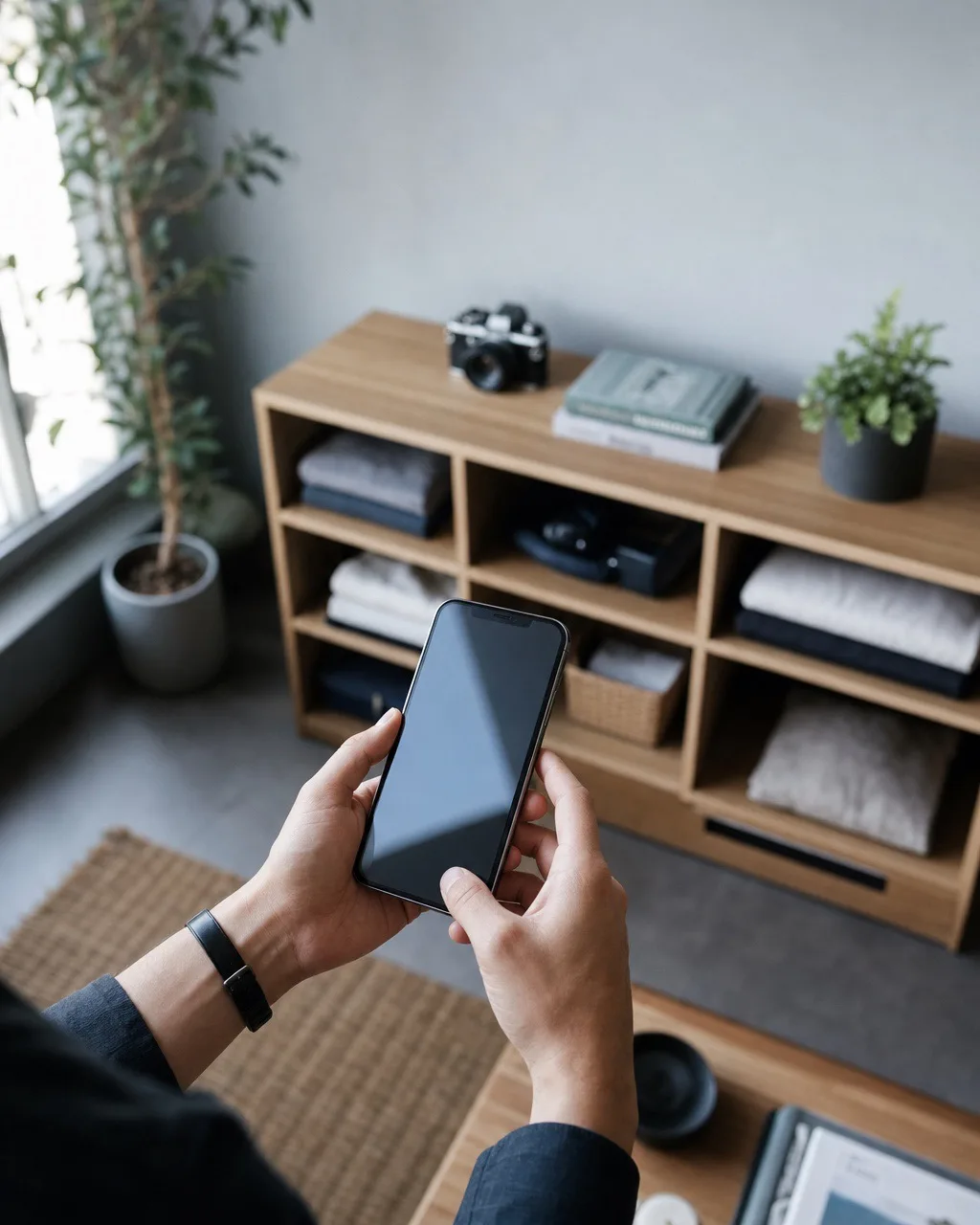 Hands holding an iPhone in a tidy living room, the owner’s belongings arranged on shelves behind.