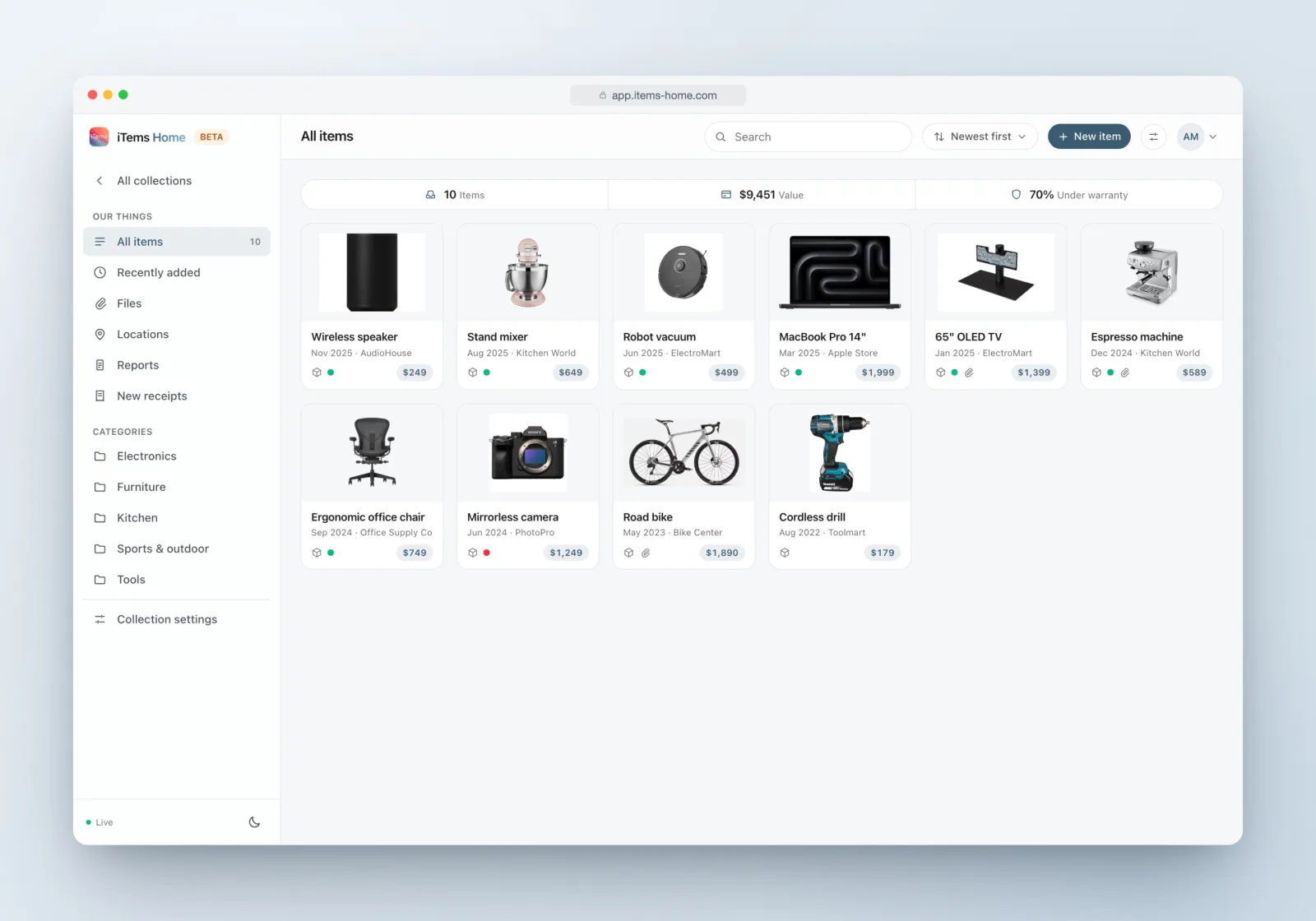 The iTems web app showing an assets collection: items with product photos, purchase details, warranty badges and total value.