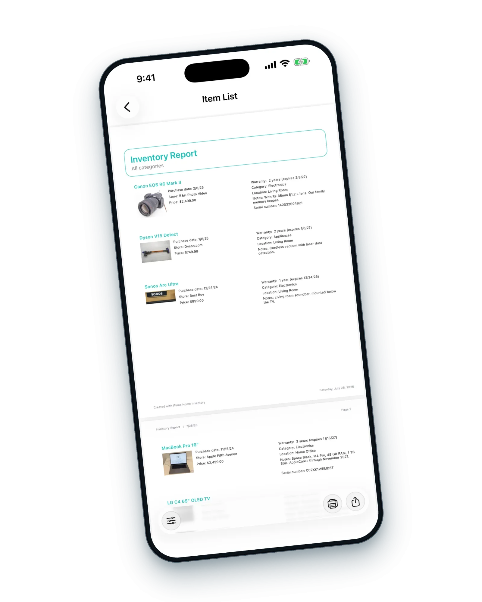 A tilted iPhone showing an iTems inventory report, listing items with purchase dates, prices and warranty periods.