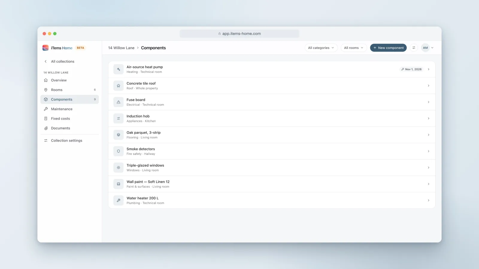 The components list in a property collection, organized by category and room.