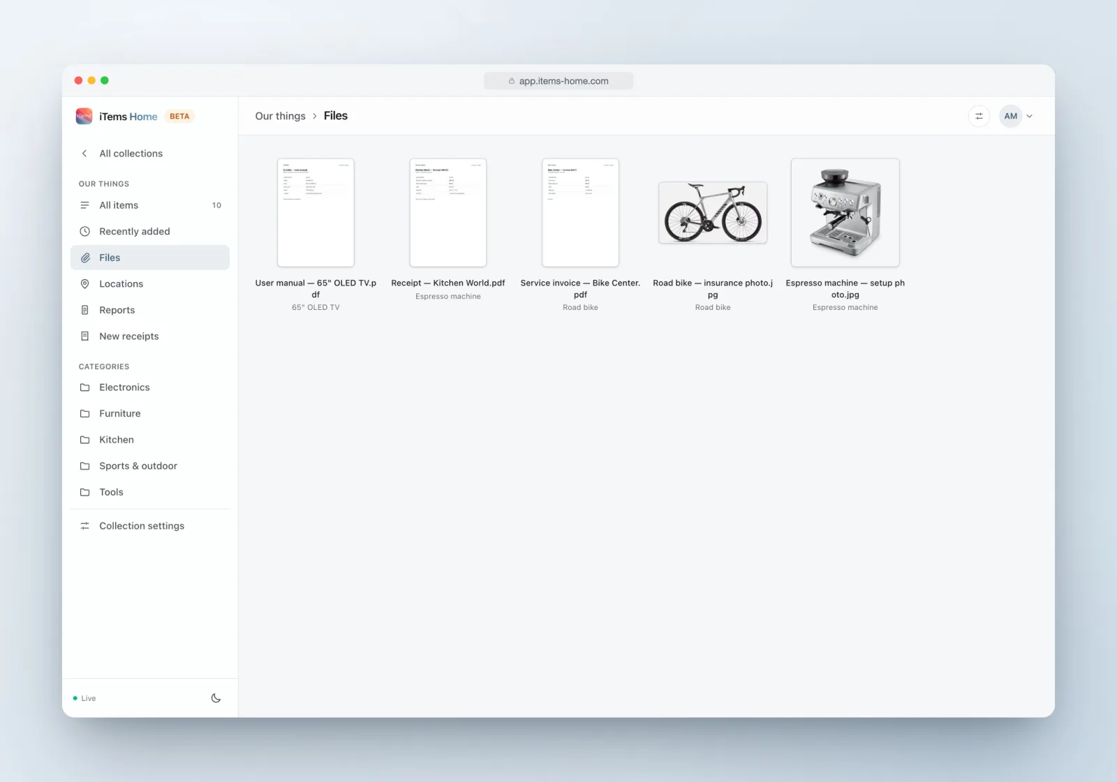 The files library in iTems: receipts, manuals and photos with real thumbnails, each linked to its item.