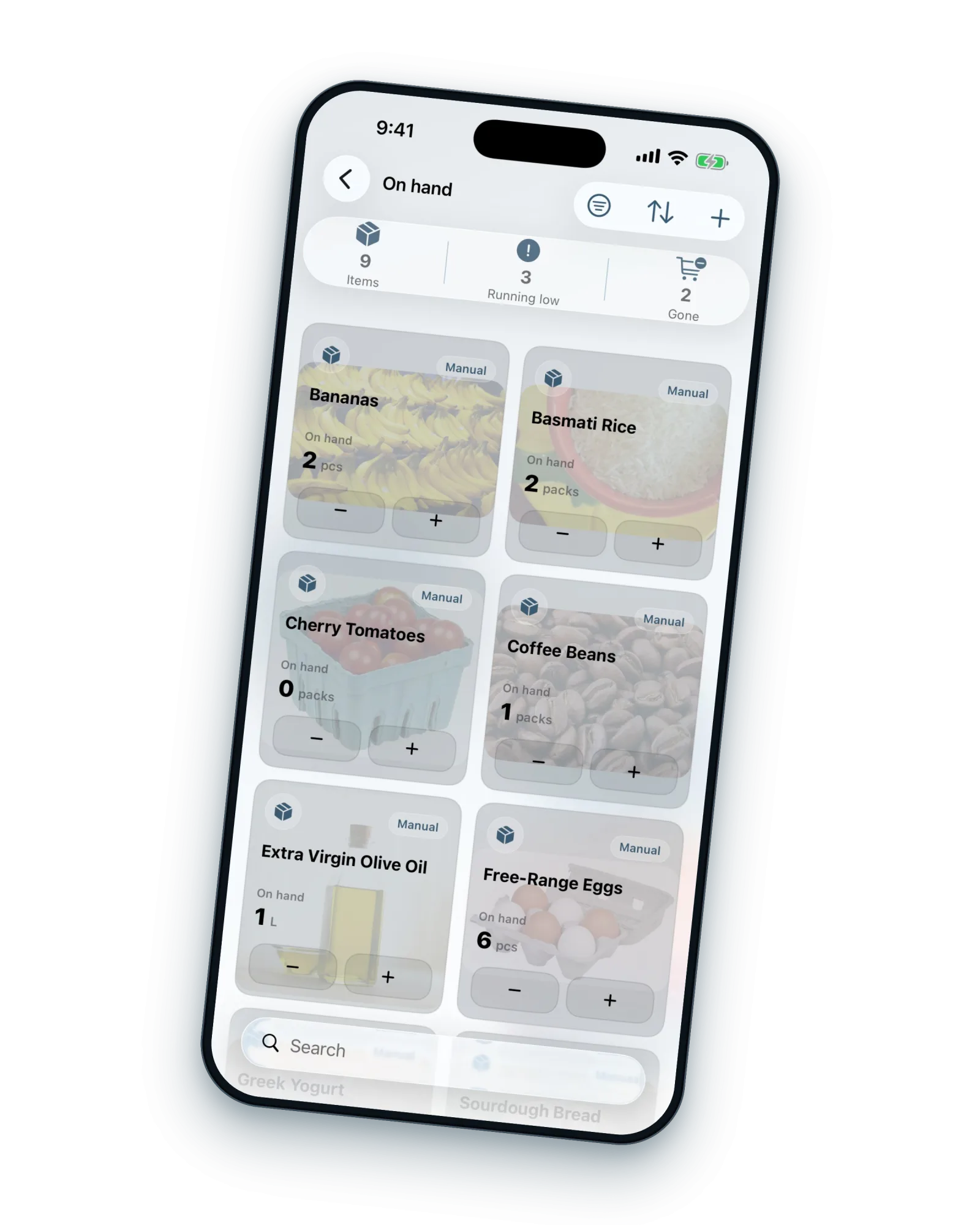 A tilted iPhone showing consumables in iTems — what is on hand, running low or gone.